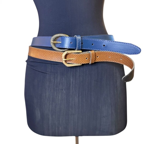 Vintage Blue and Brown Leather Belts with Gold Buckles - Picture 2 of 10